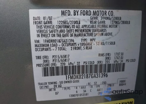 2007 Ford Freestyle Sel из США, поврежденный, VIN 1FMDK02187GA31396